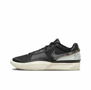 Side view of a black low-top basketball sneaker with a dark metallic Swoosh and an off-white midsole.