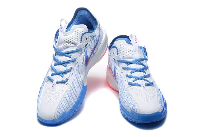 Pair of white and blue low-top sneakers shown from the front, with blue laces and purple side accents.