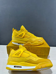 Pair of yellow Jordan Air Jordan 4 sneakers shown from the side on a matching textured shoebox.