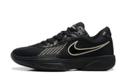 Side profile of a black basketball sneaker with a large light-colored Swoosh and patterned side detailing.