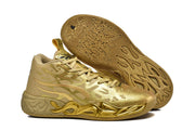 Side and outsole view showing the gold upper, decorative midsole details, and patterned tread.
