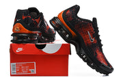Black and red-orange Nike sneakers displayed with a red shoe box; the box label shows a sample size.