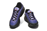 Front views of black and purple Nike Air Max DN sneakers