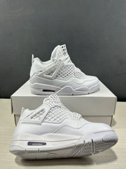 White Jordan Air Jordan 4 Net sneakers shown from side and outsole angles, highlighting the grid-style upper, heel unit, and tread pattern.
