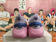 Rear view of lavender and pink basketball sneakers showing heel details and pull tabs