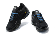 Front views of black Nike Air Max Plus sneakers with blue laces and silver Swoosh details.