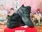 Pair of black high-top sneakers shown from the side and at an angle.