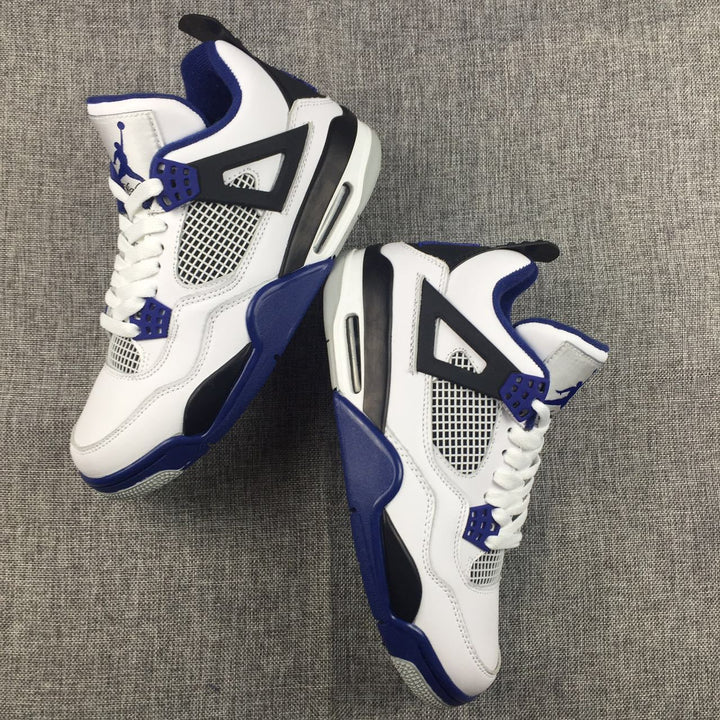 Pair of white, black, and blue Jordan Air Jordan 4 sneakers shown from an angled top view.
