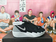Side view of a black Nike basketball shoe with a white Swoosh, patterned heel panel, and sculpted light-colored outsole.