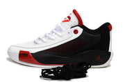 White, black and red Luka.77 basketball sneaker shown from the side with black spare laces.