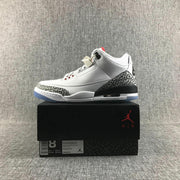 White Jordan Air Jordan 3 sneaker displayed on a Jordan-branded shoebox; the box label visibly shows EU 41, UK 7, and CM 26.