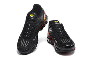 Top and front views of black Nike Air Max Plus III sneakers with red accents.