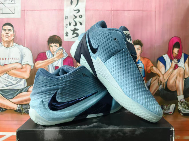 Pair of blue-gray Nike basketball shoes shown from the side on a box.