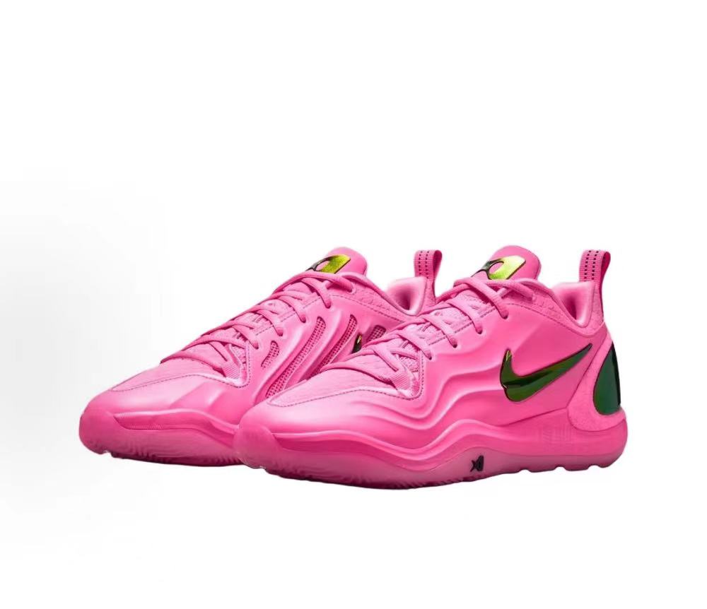Pair of pink and black Nike basketball sneakers shown from a three-quarter angle.
