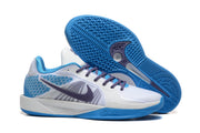 White and blue Nike Sabrina 2 basketball shoes with purple detailing