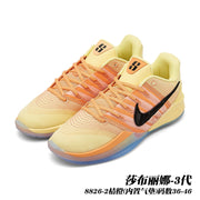 Pale yellow and orange Sabrina 3 basketball shoes with black Swoosh; caption gives style code 8826-2 and sizes 36–46.
