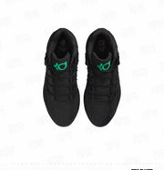 Top-down view of a pair of black Nike KD 18 basketball sneakers showing the lace structure, textured toe panels, and green KD tongue logos.