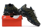 Nike TN sneakers in olive, black, and dark teal displayed with a Nike shoe box