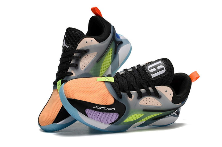 Jordan Heir shoes in a multicolor design with orange, lime, purple, and blue accents