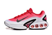 Side view of a red and white Nike Air Max sneaker with black accents