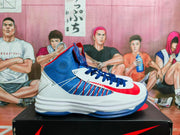 Side profile showing the high-top construction, blue mesh upper, white panels, red detailing, and layered sole.