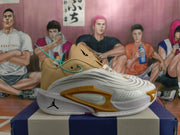 Side profile of a white, tan, and gold Jordan basketball shoe with a sculpted sole.