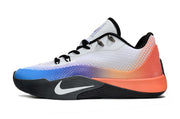Side view of a white Nike S.T. Flare EP shoe with blue and orange accents.