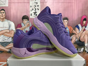 Three-quarter side view of purple Jordan basketball sneakers with layered side detailing, translucent inserts, lavender midsoles, and yellow outsoles.