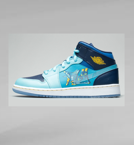 Side view of blue, navy, and white Jordan high-top sneakers with a winged basketball emblem and patterned side panel.