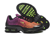 Nike Air Max Plus VI sneakers showing the patterned gradient upper and outsole with lime accents.