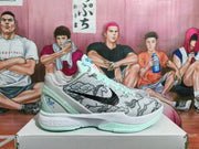 Side view of a grey Nike basketball sneaker with horse graphics, black Swoosh branding, and mint-colored sole details.