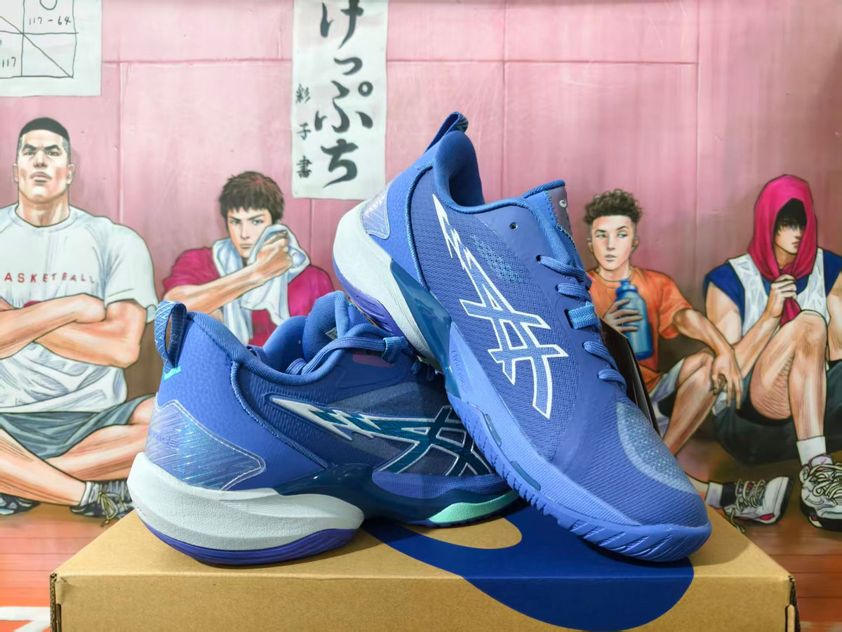 Blue ASICS basketball shoes shown from the side and at an angle.