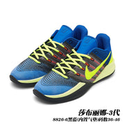 Blue and black Sabrina 3 basketball shoes with neon yellow-green accents; caption gives style code 8826-6 and sizes 36–46.
