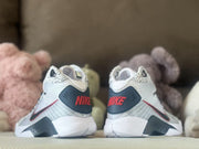 Rear view of a pair of high-top shoes with navy heel panels and red lettering