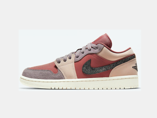 Side view of rose pink, cream, and burgundy low-top sneakers with a contrasting Swoosh and heel wing branding.