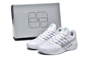 White basketball shoes displayed beside a matching box