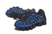 Pair of black and blue Nike Shox sneakers from angled views
