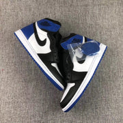 Pair of black, white, and blue high-top sneakers displayed together with a separate blue lace set in a clear packet.