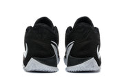 Rear view of the black basketball shoes showing the heel structure, white outsole sections, and side logos.