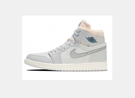 White and light grey high-top sneaker with a side Swoosh-shaped detail and winged basketball emblem