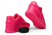 Rear and outsole views of a vivid pink Nike KD 19 basketball shoe.
