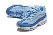 Pair of blue Nike Air Max 95 sneakers shown from above and at an angle.