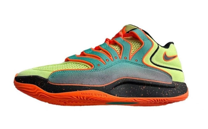 Side view of multicolor Nike basketball-style sneakers with yellow-green, teal, orange and black panels on a white background.
