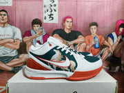 Side view highlighting the white and dark blue upper, red outsole and heel accents, illustrated side panel, and visible “ZOOM AIR” marking.