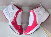 Duplicate overhead view of the white and bright red sneaker pair.
