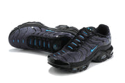 Pair of black and charcoal Nike Air Max Plus sneakers with blue accents, shown at an angle.