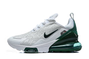 Side view of a white Nike Air Max 270 sneaker with dark green heel unit and black Swoosh.