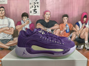 Side profile of a purple Jordan basketball sneaker showing layered upper panels, a green insert, Jumpman branding, and Cushlon side branding.