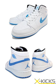 Promotional-style image showing front and rear views of the white and blue high-top sneakers.