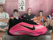 Side profile showing the black upper, pink overlays, swoosh branding, and sculpted pink-and-gray sole.